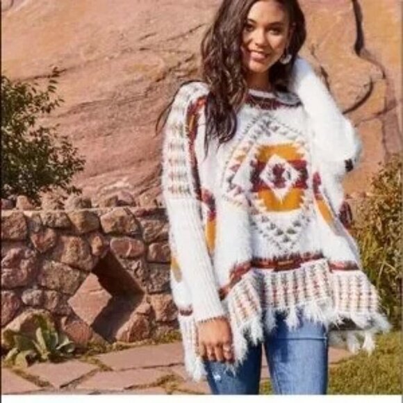 NWOT Altar'd State sweater S/M oversized tribal fringe sweater poncho crewneck - Picture 1 of 11